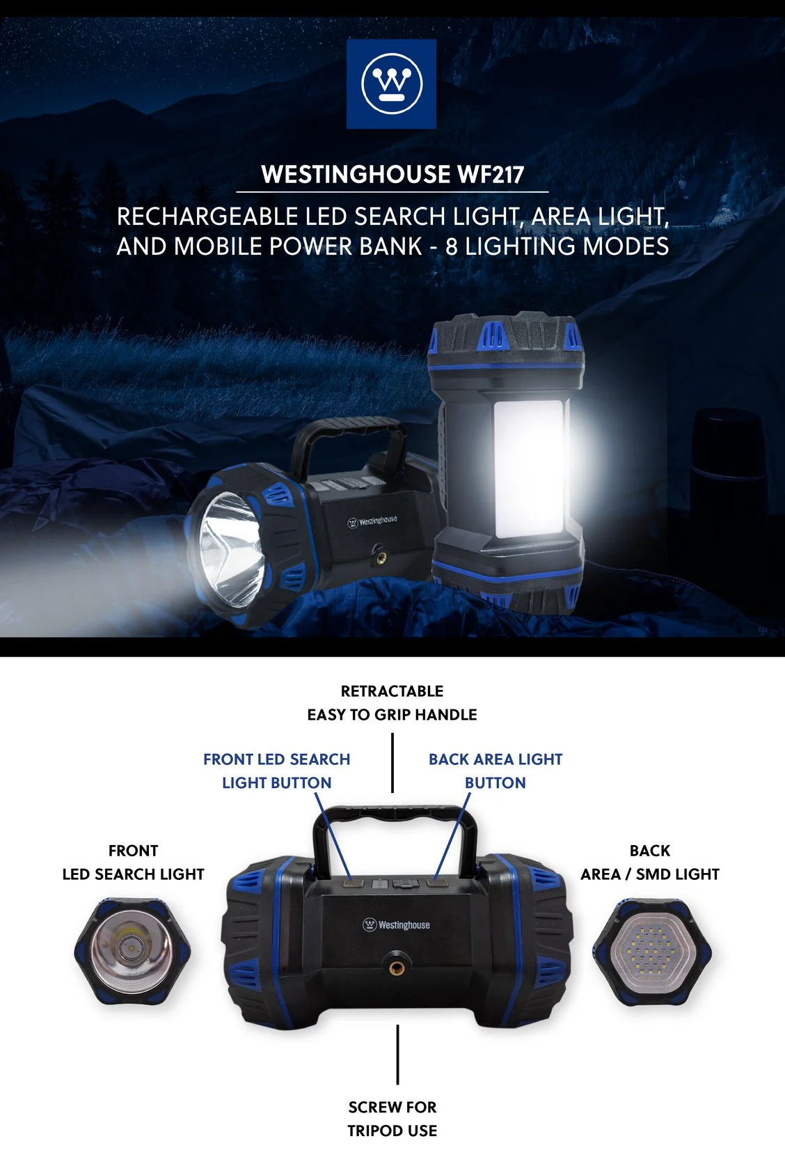 WF217 Rechargeable Search Light, Area Light, Mobile Power Bank - 8 Lighting Modes - Image 5