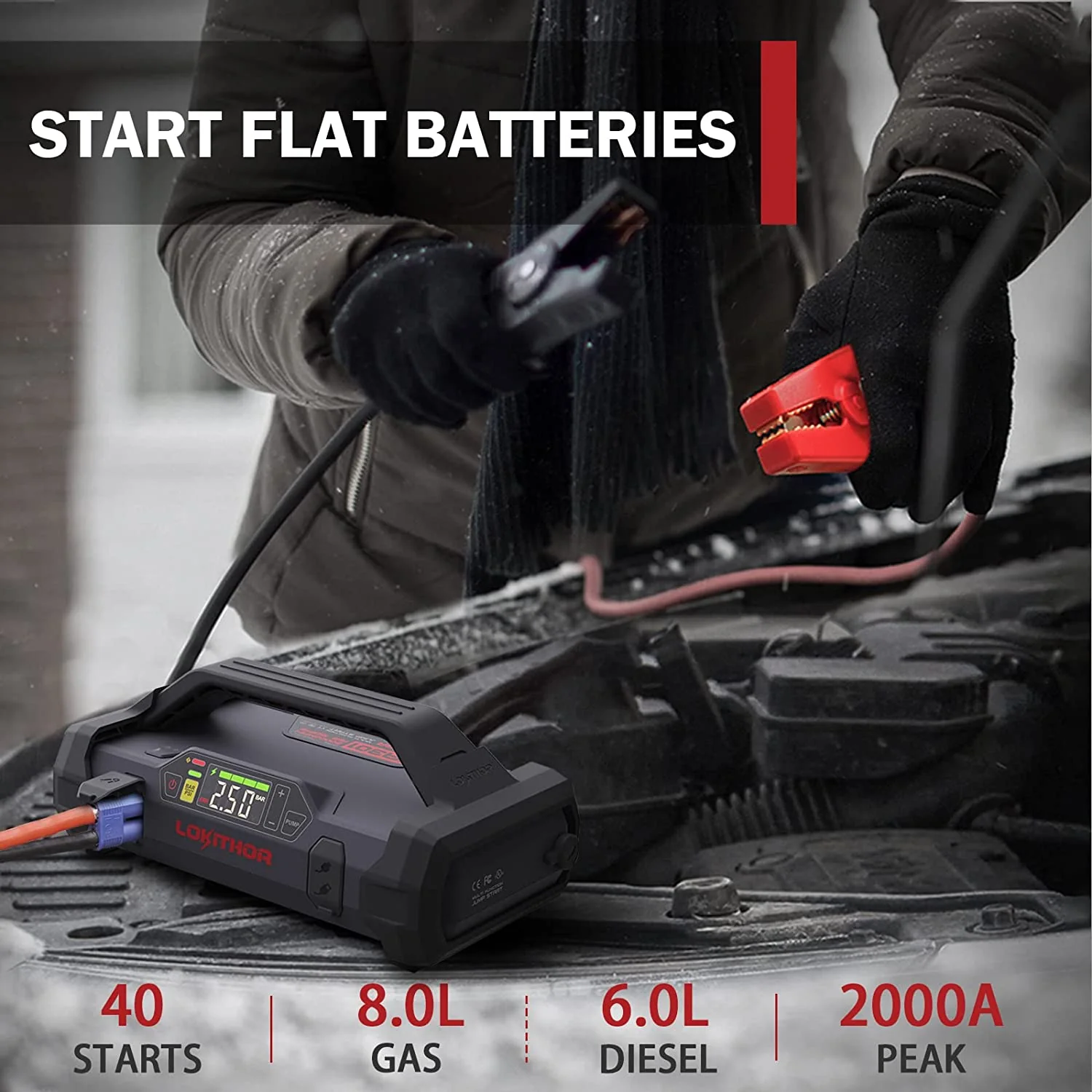 Car Jump Starter 2000amp with 150 Psi air inflator and Flashlight - Lokithor JA301 - Image 3