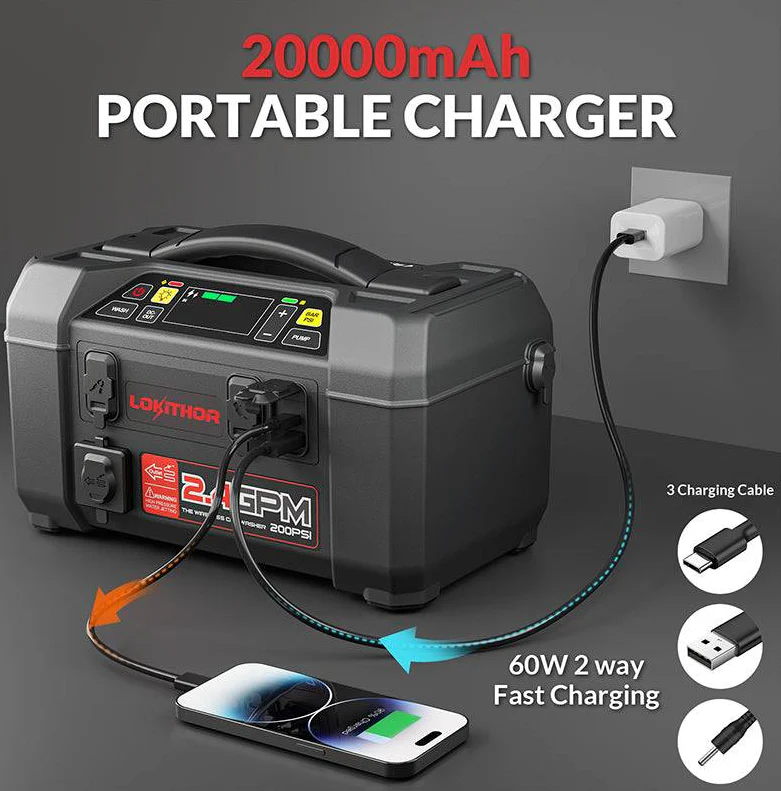 Lokithor AW401 2500A Jump Starter + Air Compressor + 200 PSI Water Pump - Image 3