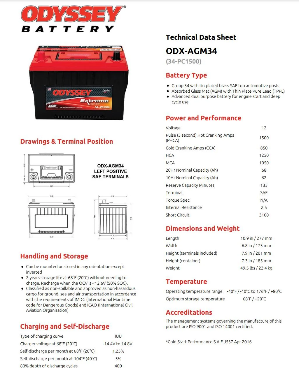 Odyssey Battery 34 ODX-AGM34/PC1500 Extreme Series Dry Cell 12v 850 CCA - Image 3
